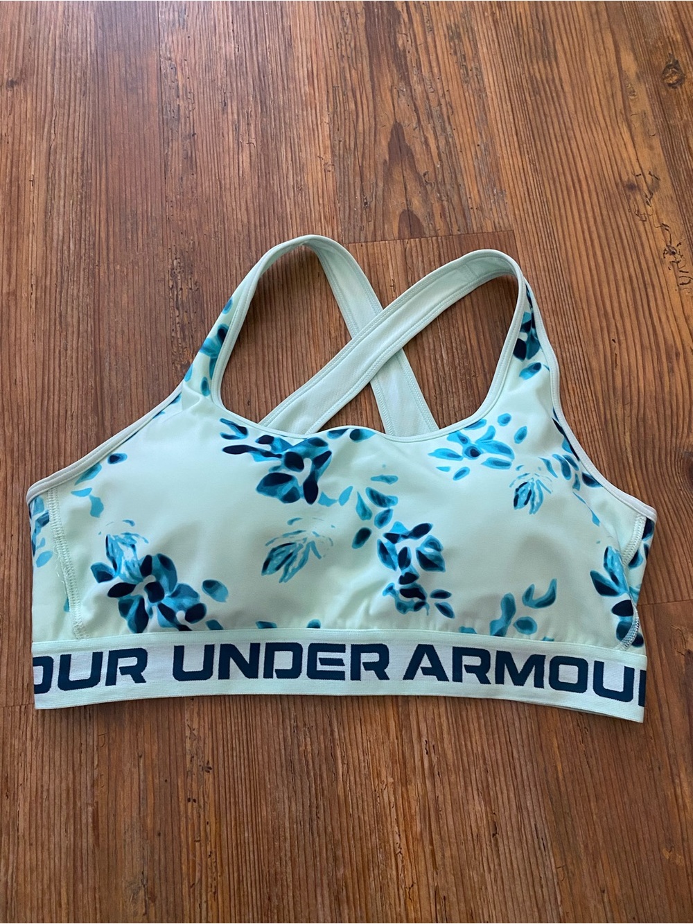 Under Armour Mint Floral Crossback Sports Bra with Navy Logo Band